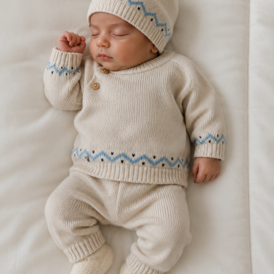 Bebé a dormir vestido com conjunto de malha creme com padrão azul e preto numa superfície creme acolchoada.