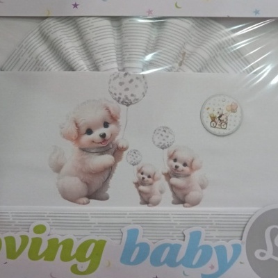 Conjunto de tecidos para bebé com ilustração de cachorros e texto loving baby