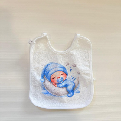 Babete branco com desenho de bebé a dormir de pijama azul