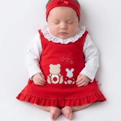 Bebé com vestido vermelho com ursinho e coelho bordados, camisa branca e faixa vermelha na cabeça