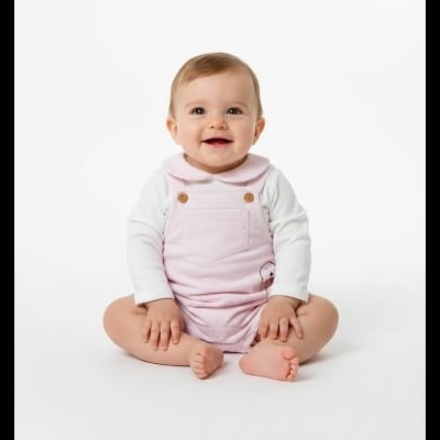 Bebé sentado com roupa rosa e branca