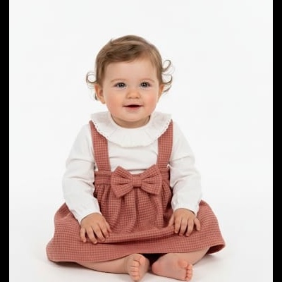 Criança vestindo vestido tijolo com laço e camisa branca com gola babado sentada