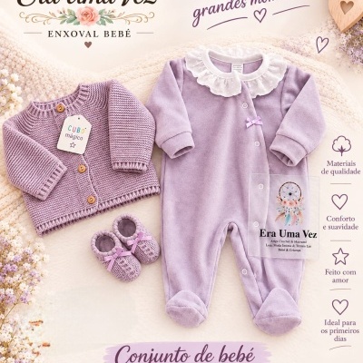 Conjunto de bebé lilás com casaco de malha, babygrow com folho branco e carapins, com texto promocional em português
