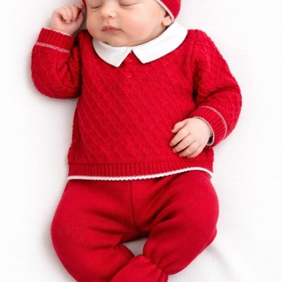 Bebé dormindo com roupa vermelha de malha e gorro vermelho