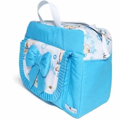 Mala azul e branca com laço e padrão de ursinhos