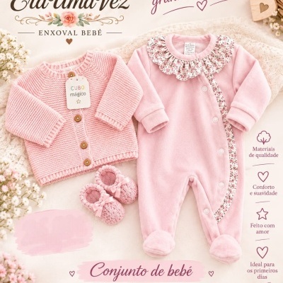Conjunto de bebé rosa com casaco de malha, babygrow com folho floral e carapins, decorado com flores e elementos em tons suaves