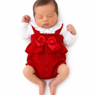 Bebé a dormir com roupa vermelha e branca sobre fundo branco