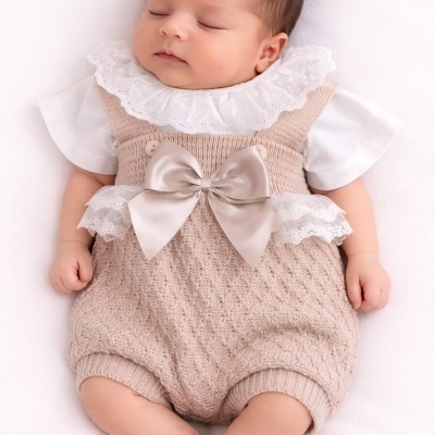 Bebé a dormir vestindo camisola branca com gola de renda e calções de malha bege com laço