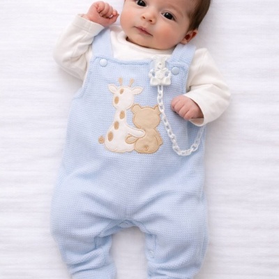 Bebé com macacão azul e bordado de girafa e urso