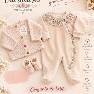 Conjunto de roupa de bebé com casaco, babygrow e carapins em tons bege e floral
