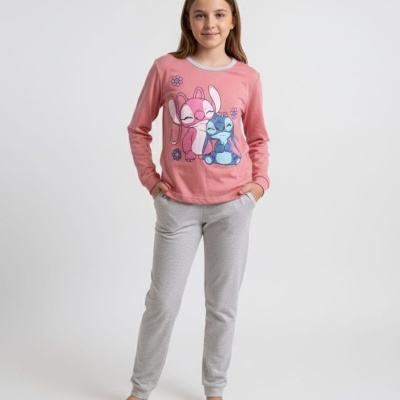 Pijama infantil com camisola rosa com coelhos e calças cinzentas