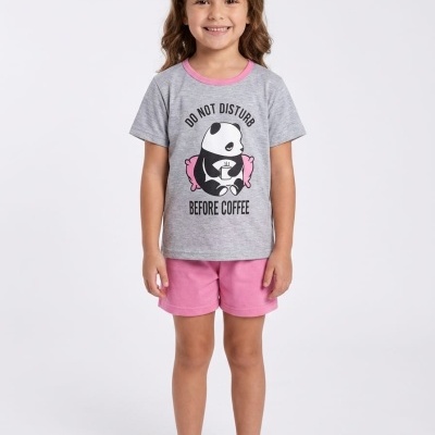 Pijama de criança cinzento e rosa com estampa de panda e texto