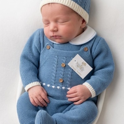 Bebé a dormir com fato de malha azul claro e gorro azul e branco