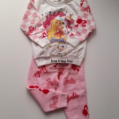 Conjunto de roupa de criança Barbie com camisola branca e calças cor-de-rosa