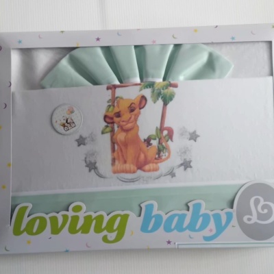 Conjunto de roupa de bebé verde claro com babete branco e imagem de leão bebé.