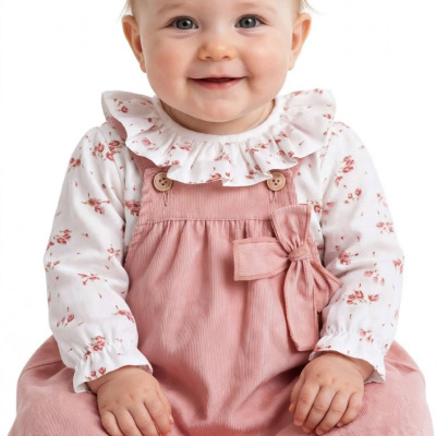 Bebé sorridente com vestido rosa e camisa branca floral
