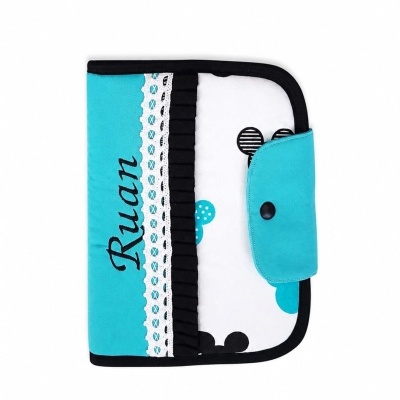 Bolsa organizadora azul, branco e preto com texto Ruan