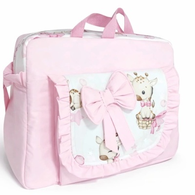 Mala de bebé rosa com padrão de girafas e laço frontal
