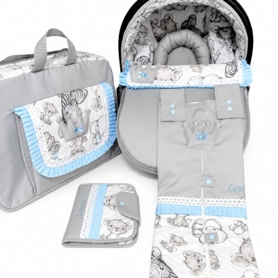 Conjunto de bebé cinzento e azul com padrão de animais acolchoado