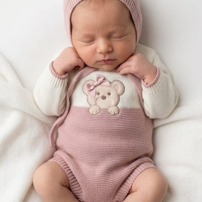 Bebé recém-nascido com fato rosa e gorro, deitado sobre tecido branco