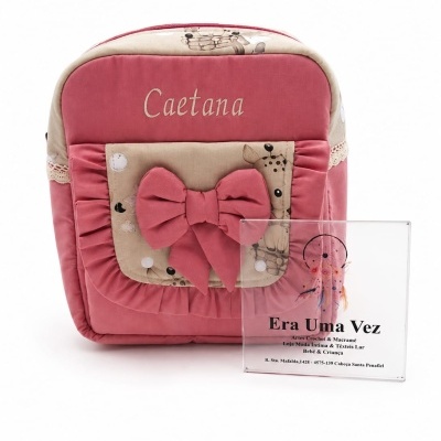 Mochila infantil rosa e bege com laço e nome bordado
