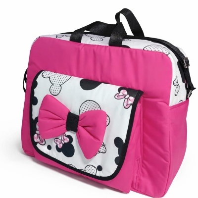 Mala rosa e branca com padrão e grande laço rosa