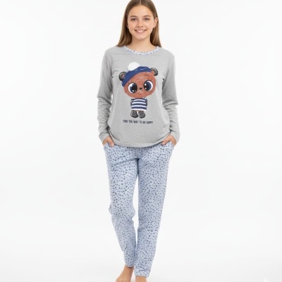Pijama infantil com camisola cinzenta e calças azuis com padrão de estrelas