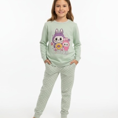 Pijama infantil verde-água com estampa colorida e calças com bolinhas brancas