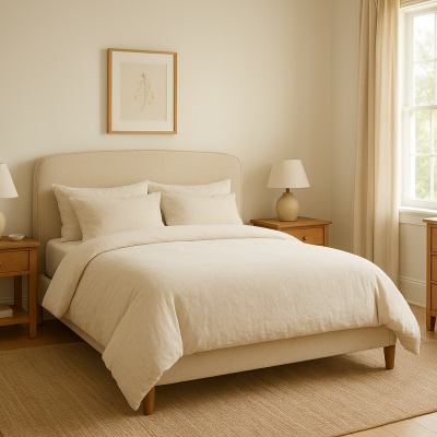 Quarto com cama estofada bege, candeeiros cerâmicos, móveis em madeira clara, vaso com plantas e janela com cortinas bege