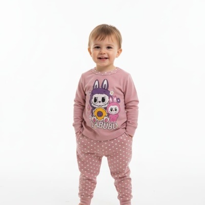 Criança vestindo camisola rosa com coelhos e calças rosa com bolinhas brancas