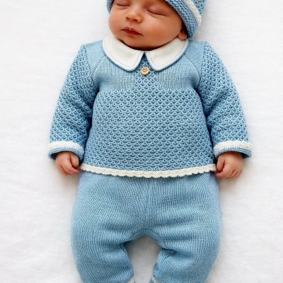 Bebé vestido com roupa azul de malha com detalhes brancos deitado sobre fundo branco