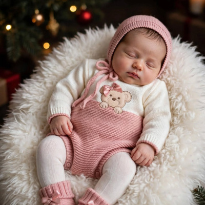 Bebé com fato de lã branco e rosa com urso e sapatinhos cor-de-rosa de laço deitada em almofada branca felpuda junto a árvore de Natal iluminada.