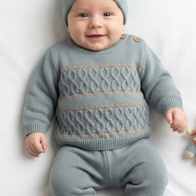Bebé vestido com conjunto de roupa em malha azul claro com pompom castanho no gorro.