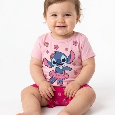 Bebé com body rosa e estampa de Stitch com saia de balé
