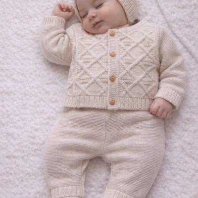 Bebé a dormir com roupa de malha creme