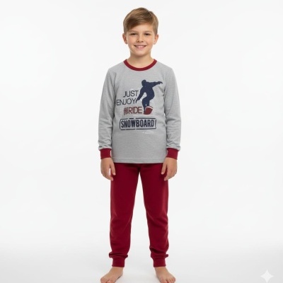 Pijama infantil cinzento e bordô com gráfico de snowboard