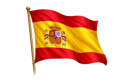 Bandeira da Espanha ondulada com brasão central em fundo branco