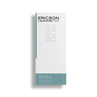 Embalagem branca de produto ERICSON LABORATOIRE PARIS com faixa azul e texto informativo