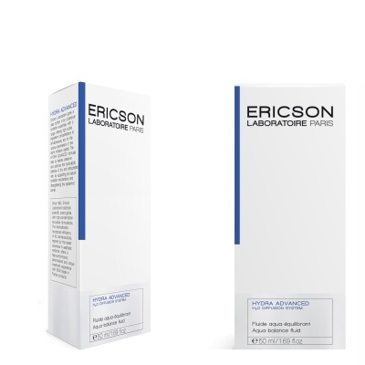 Embalagens de produto cosmético Ericson Laboratoire Paris Hydra Advanced, cor branca com detalhes azuis