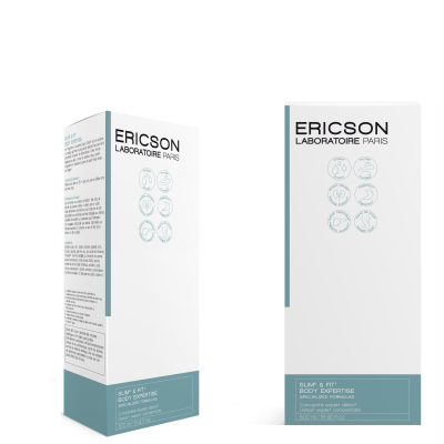 Embalagem do produto Ericson Laboratoire Paris Slim' & Fit Body Expertise em branco com detalhes azuis