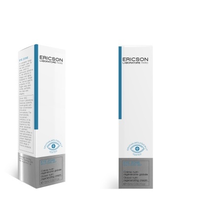 Caixas do creme para olhos ERICSON LABORATOIRE PARIS com design branco, azul e cinza