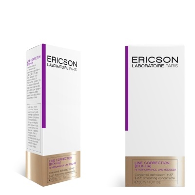 Embalagem de produto cosmético Ericson Laboratoire Paris branca e dourada com texto em inglês
