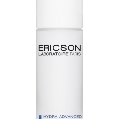 Frasco branco de sérum ERICSON LABORATOIRE PARIS Hydra Advanced com texto em azul e preto