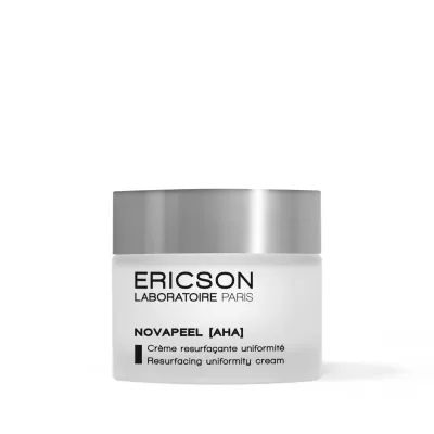Frasco branco fosco com tampa prateada de creme Novapeel AHA da Ericson Laboratoire Paris