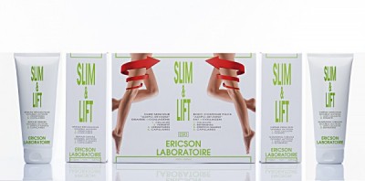 Produtos cosméticos Slim & Lift da Ericson Laboratoire em tubos e embalagens brancas com texto verde