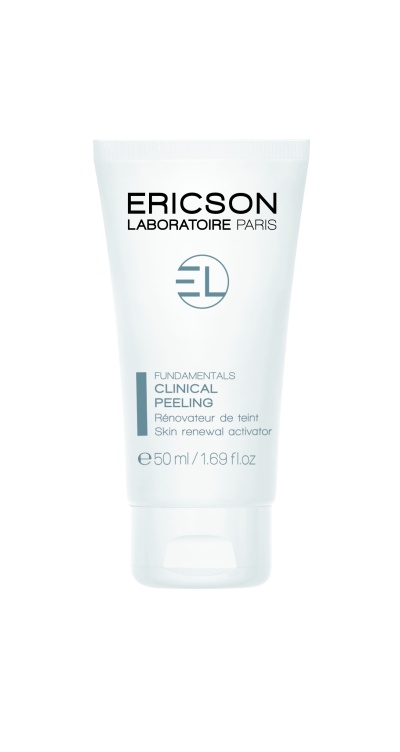 Bisnaga branca de creme com texto ERICSON LABORATOIRE PARIS FUNDAMENTALS CLINICAL PEELING