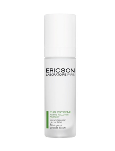 Frasco branco do sérum Ericson Laboratoire Paris com texto preto e verde