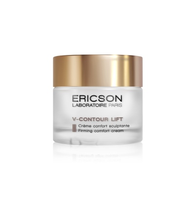 Creme facial V-Contour Lift com frasco transparente fosco e tampa dourada.