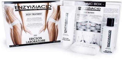 Conjunto ENZYMIACID tratamento corporal com embalagem, tubo, frasco, tecido e folheto.