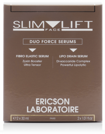 Embalagem castanha do produto SLIM LIFT FACE DUO FORCE SERUMS da Ericson Laboratoire